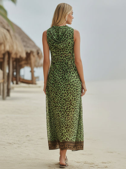 Robe mi-longue à capuche imprimé léopard vert style rétro décontracté pour femme