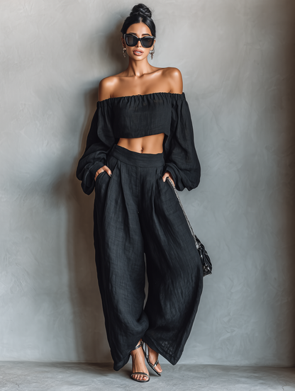 Ensemble blouse longue sans bretelles à manches longues en mélange de lin et pantalon ample à jambes larges pour femme