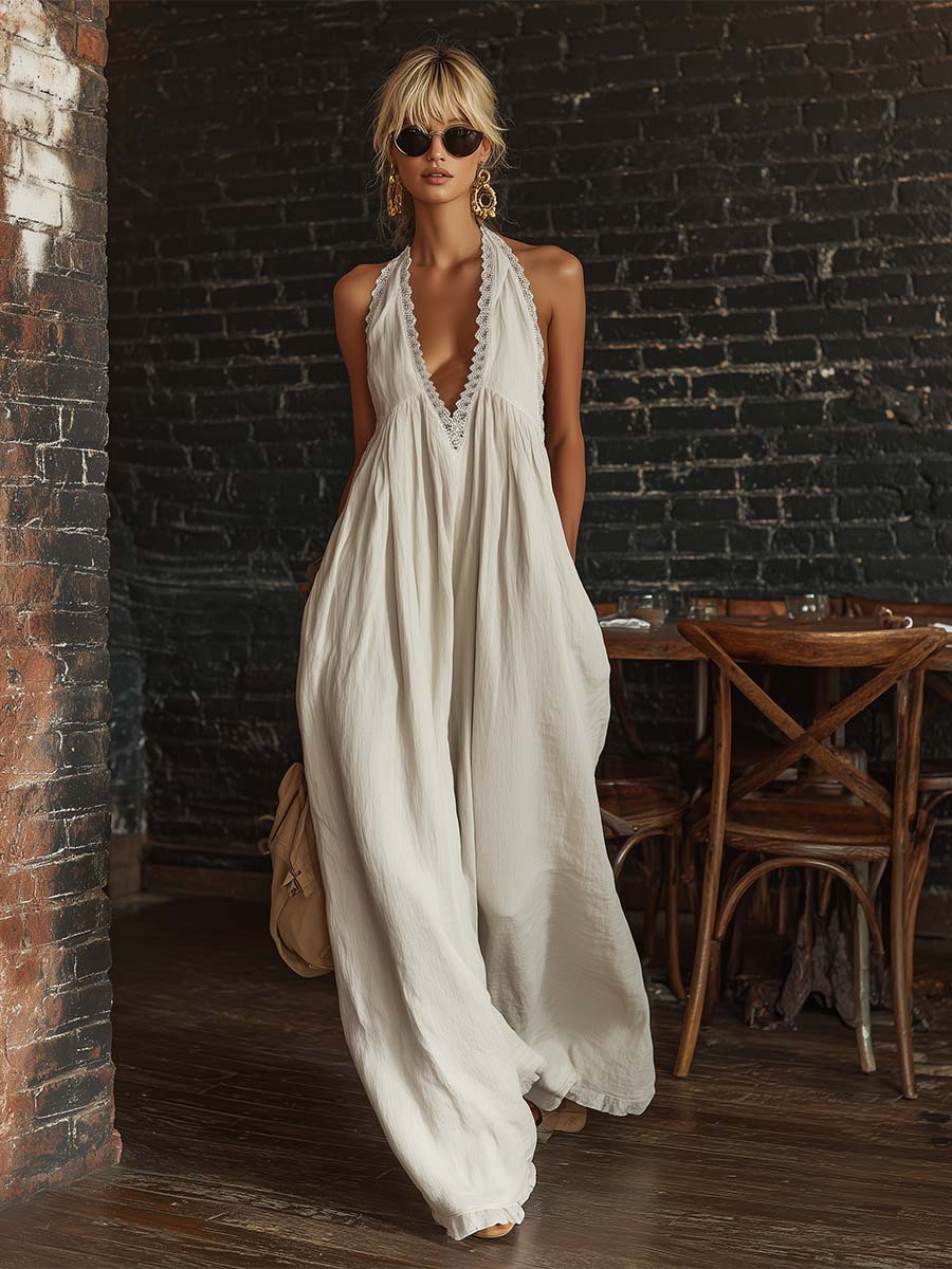 Combinaison en coton écru sans manches avec décolleté en V bordé de dentelle, style bohème urbain rétro