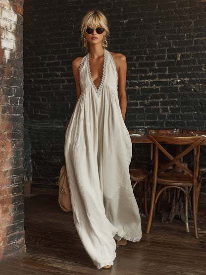 Combinaison en coton écru sans manches avec décolleté en V bordé de dentelle, style bohème urbain rétro