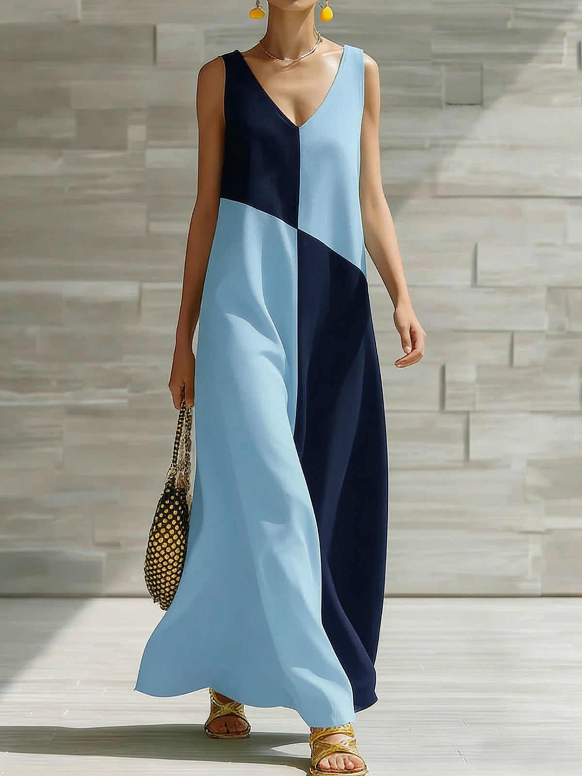 Robe longue sans manches color block