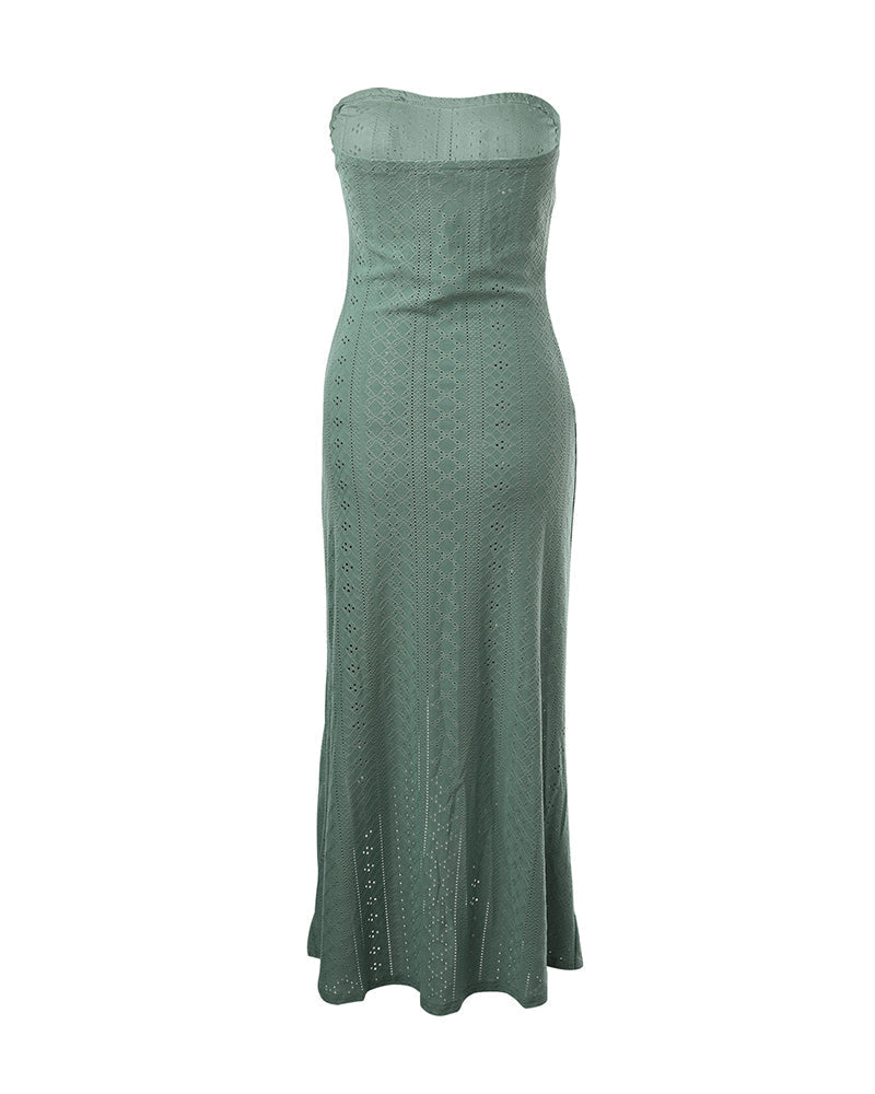 Sleeveless ruched vacation dress with a cinched waist, a draped bandeau-style bodice, eyelet embroidery, a slit, and an asymmetrical hem