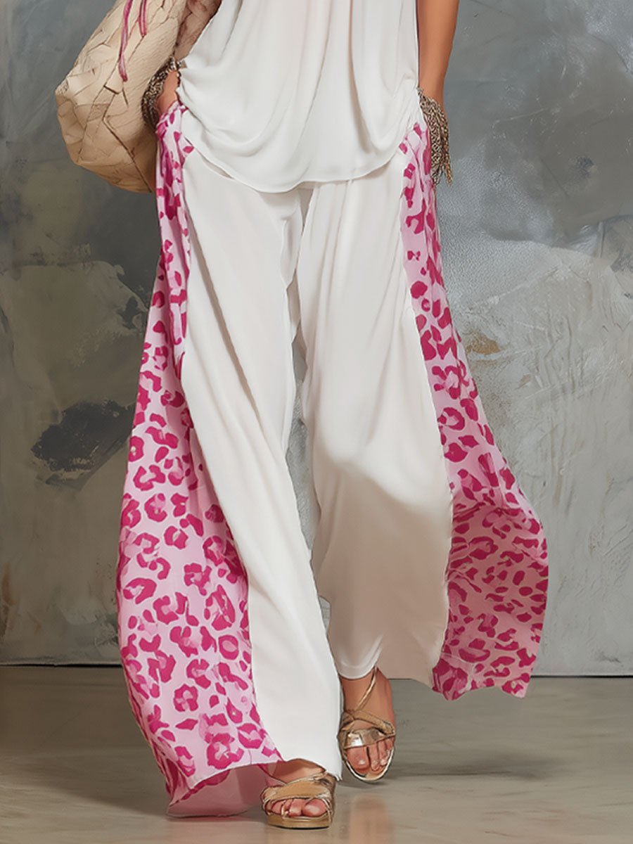Women's Leopard Print Chiffon V-Neck Sleeveless Top and Pants Set