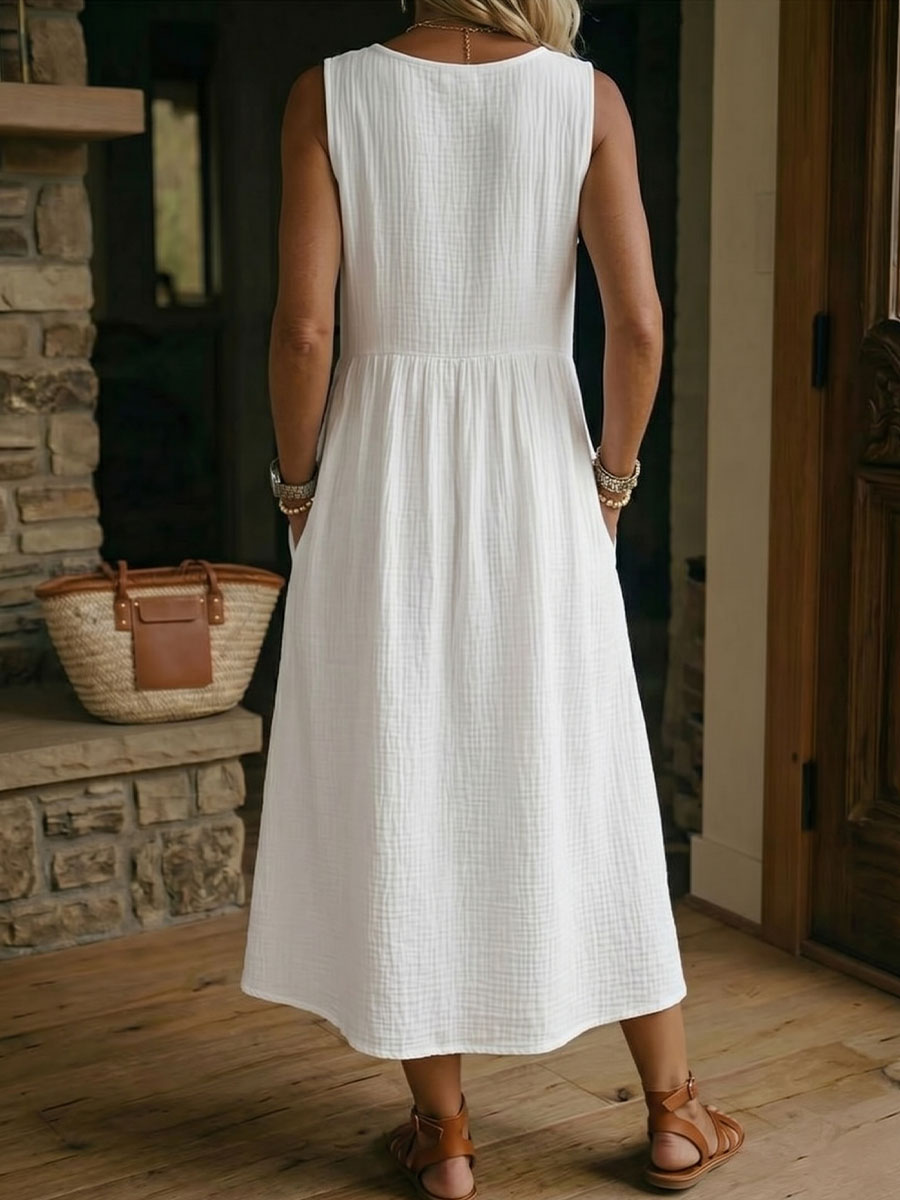 Robe Femme Sans Manches en Coton et Lin à Col en V