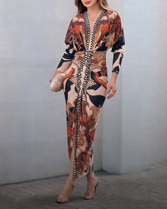 Vintage Baroque Deep Neck Bodycon Dress, Long Sleeves with Slit, Pleated and Fitted for the Holidays