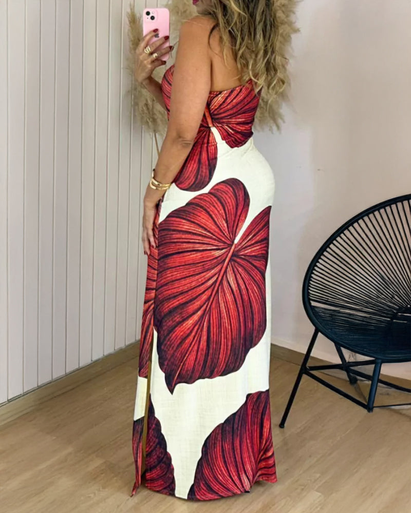 Maxi-robe moulante à imprimé tropical, une épaule dénudée, fendue, coupe ajustée et séduisante