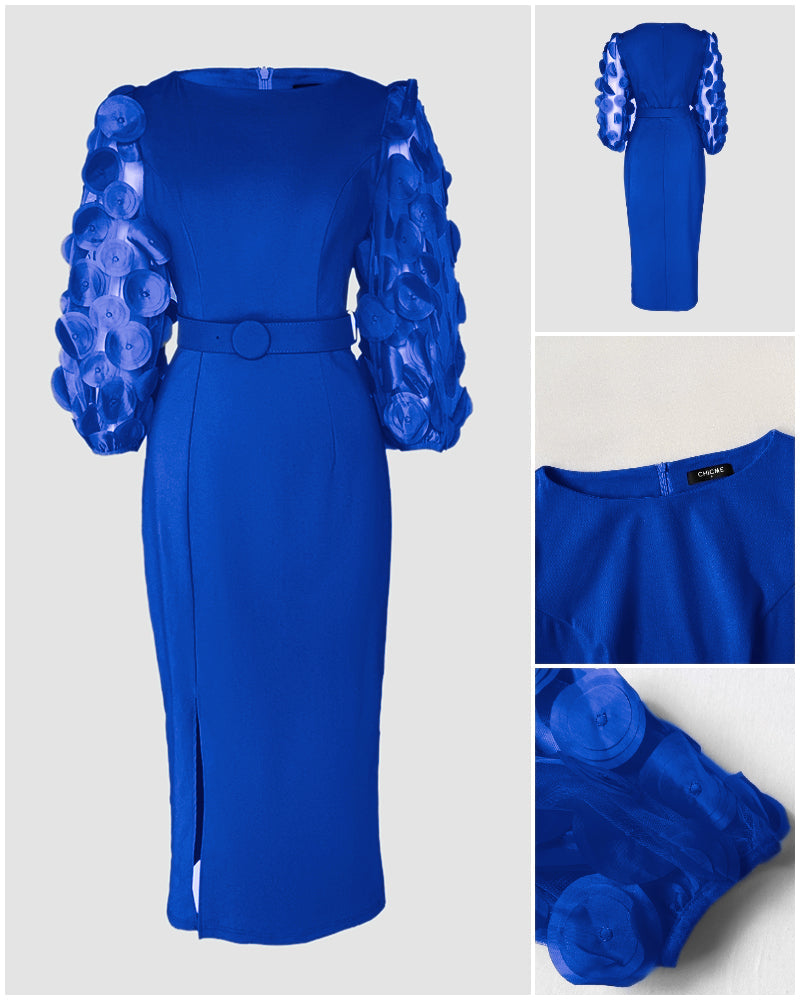 3D Polka Dot Appliqué Mesh Lantern Sleeve Work Dress with Zip Back, Slit, Fitted Waist, and Midi Length Belt