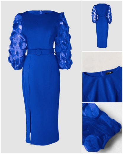 3D Polka Dot Appliqué Mesh Lantern Sleeve Work Dress with Zip Back, Slit, Fitted Waist, and Midi Length Belt