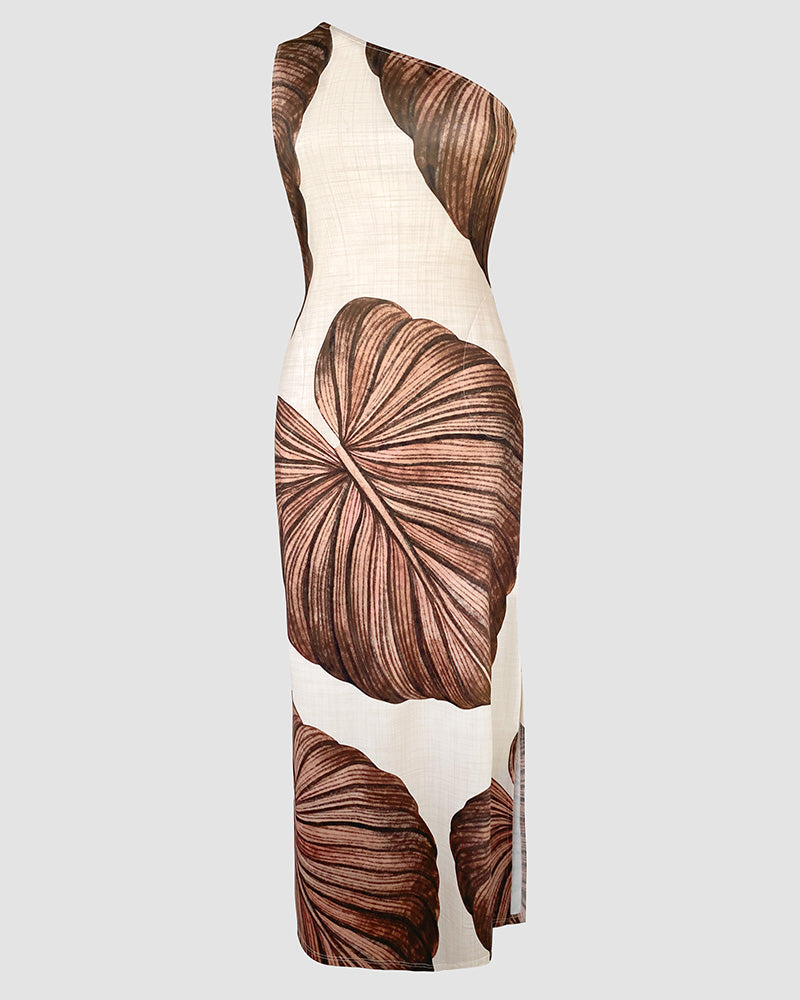 Maxi-robe moulante à imprimé tropical, une épaule dénudée, fendue, coupe ajustée et séduisante