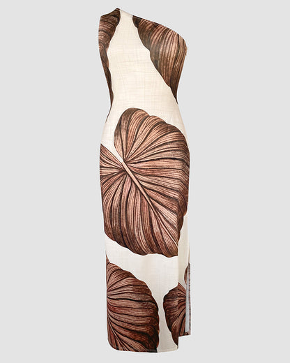 Maxi-robe moulante à imprimé tropical, une épaule dénudée, fendue, coupe ajustée et séduisante