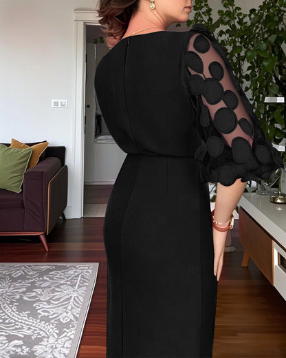 3D Polka Dot Appliqué Mesh Lantern Sleeve Work Dress with Zip Back, Slit, Fitted Waist, and Midi Length Belt