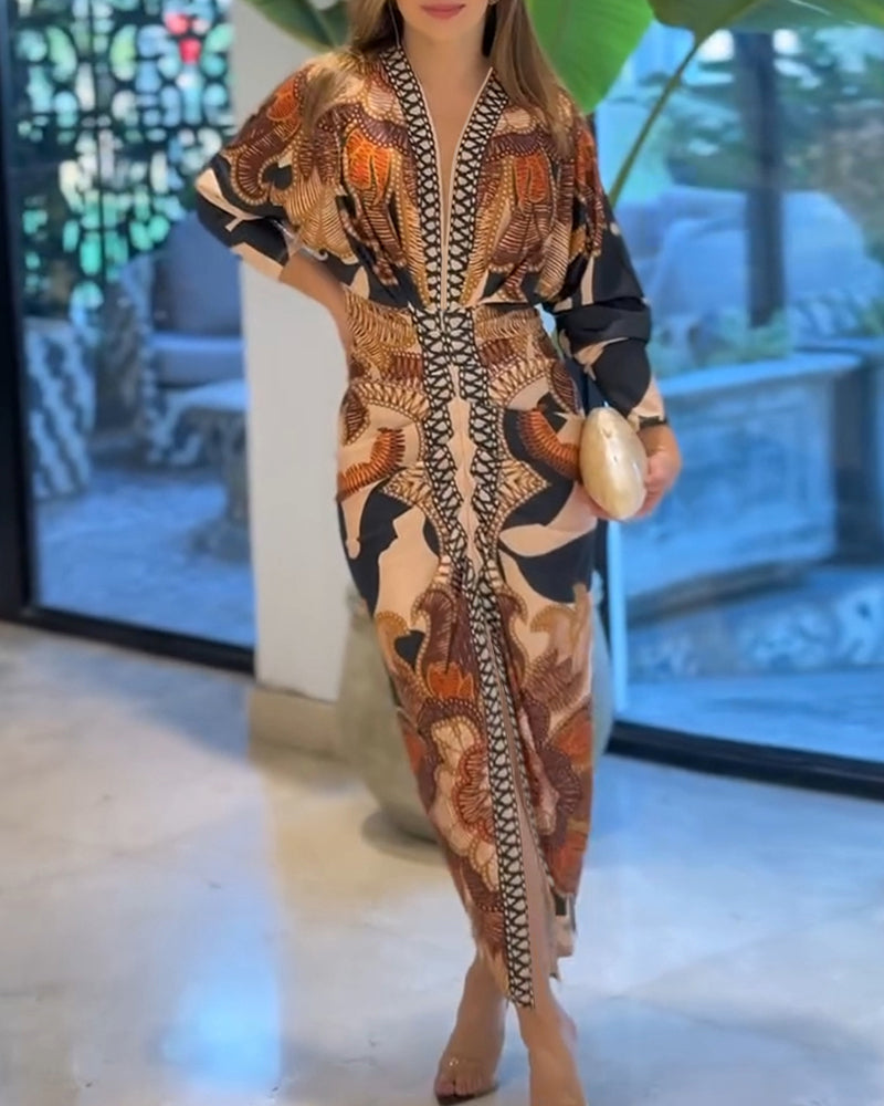 Vintage Baroque Deep Neck Bodycon Dress, Long Sleeves with Slit, Pleated and Fitted for the Holidays
