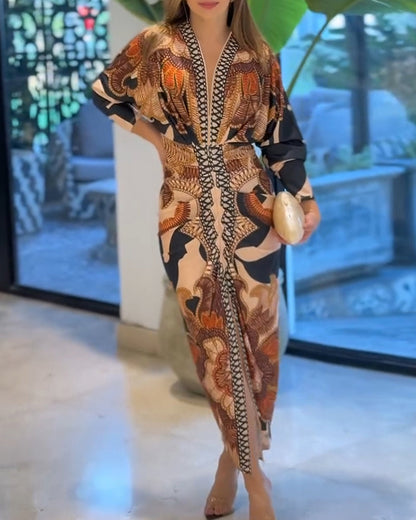 Vintage Baroque Deep Neck Bodycon Dress, Long Sleeves with Slit, Pleated and Fitted for the Holidays