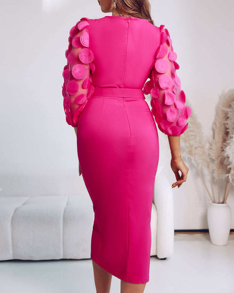 3D Polka Dot Appliqué Mesh Lantern Sleeve Work Dress with Zip Back, Slit, Fitted Waist, and Midi Length Belt