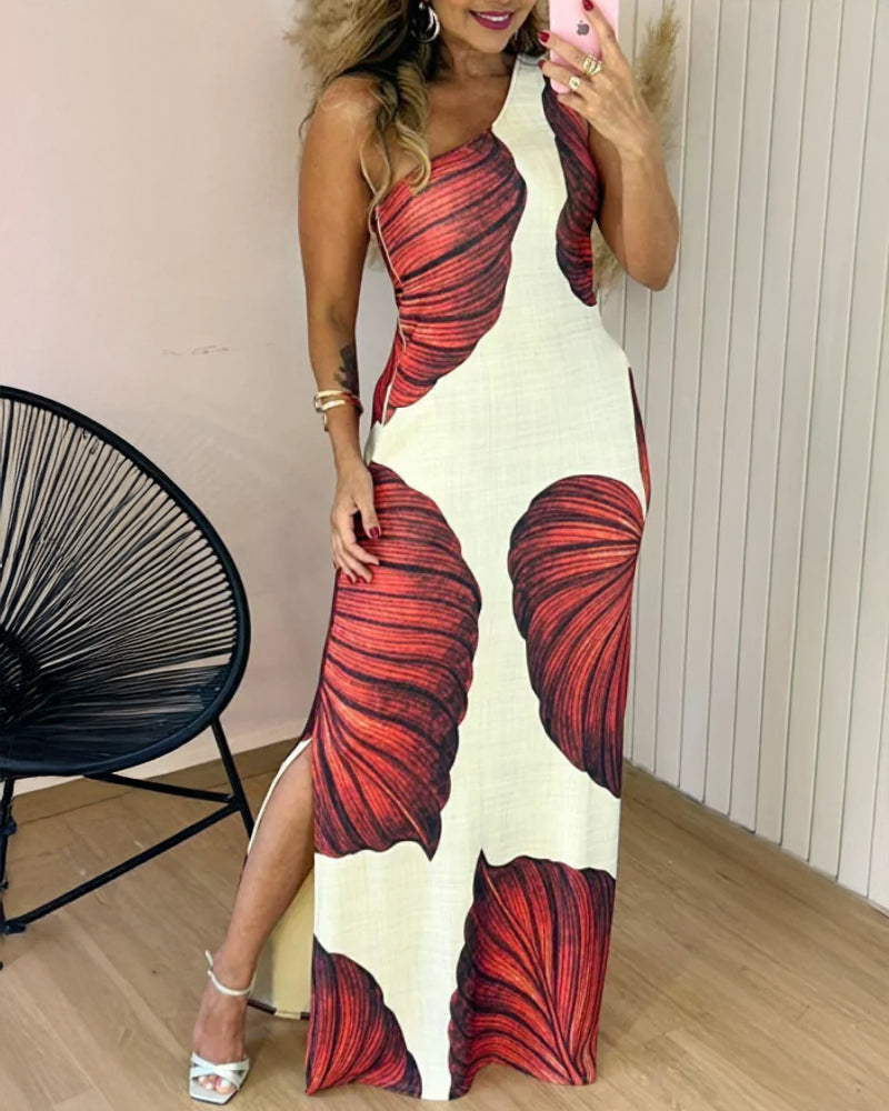 Maxi-robe moulante à imprimé tropical, une épaule dénudée, fendue, coupe ajustée et séduisante
