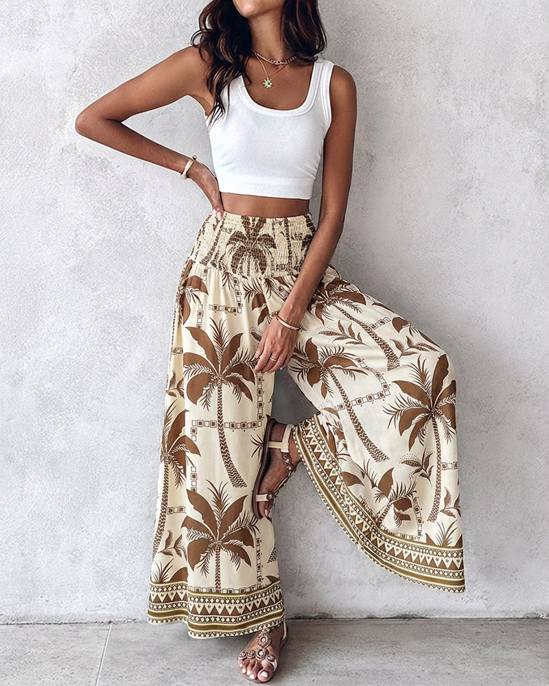 Pantalon large taille haute froncé élastique avec imprimé plantes vintage
