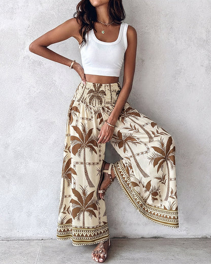 Pantalon large taille haute froncé élastique avec imprimé plantes vintage