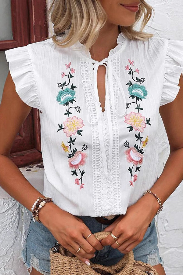Fashionable Embroidered Ruffled Sleeve Casual Tops