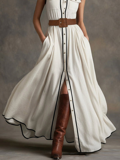 Robe chemise longue ceinturée à passepoils contrastés