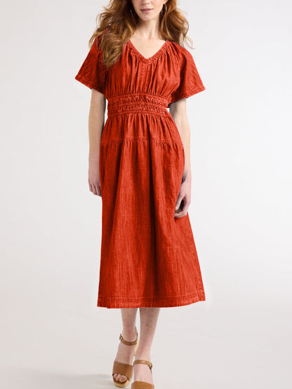 Casual women's light denim ruffled midi dress, on sale