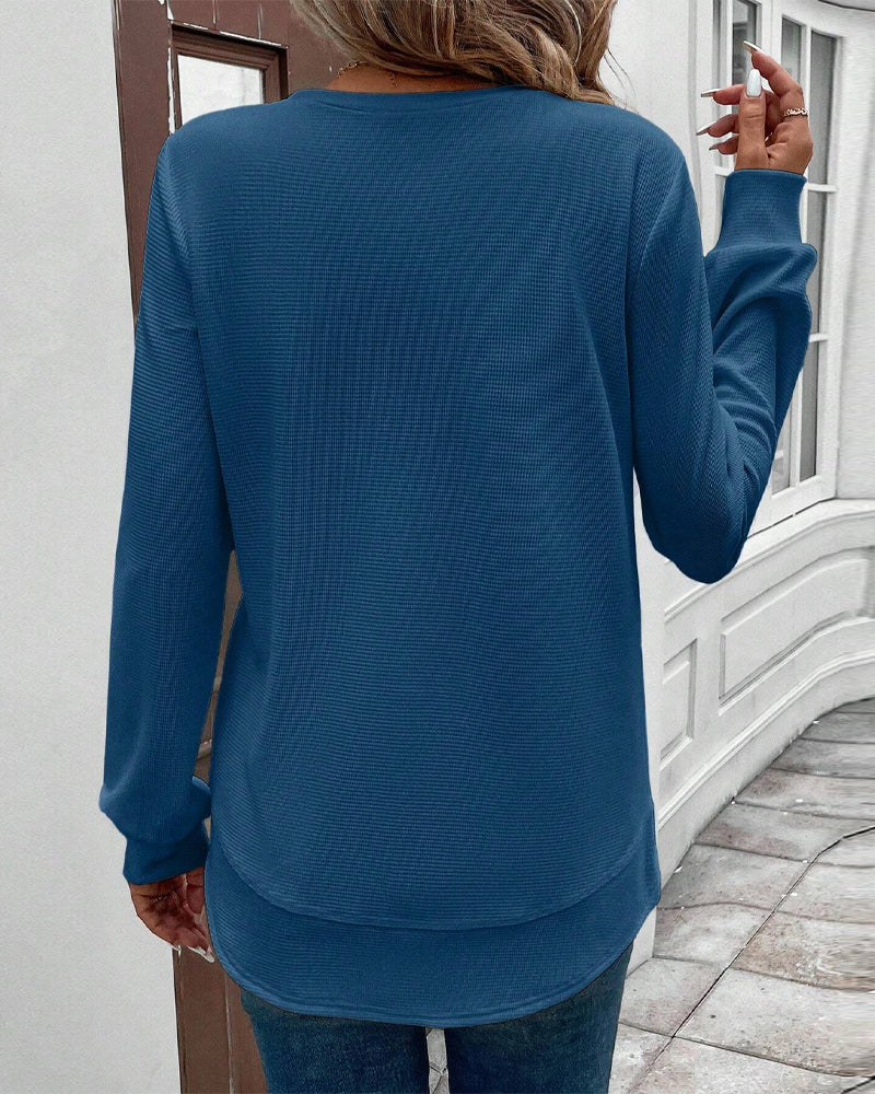 Round-neck, long-sleeved, solid-colour top