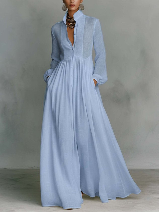 Casual cotton and linen maxi dress, high waist, stand-up collar, for everyday wear