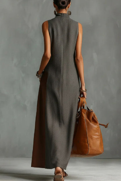 Robe longue décontractée sans manches à col montant, ornée de blocs de couleur élégants et dotée de poches
