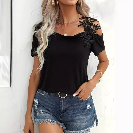 Mode Lace Stitching Solid Color T-shirt, Women Tops