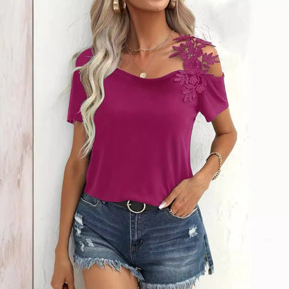 T‑shirt à dentelle mode avec coutures unies, hauts pour femmes