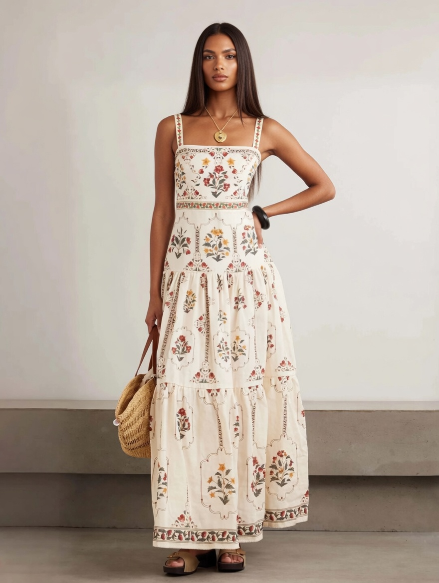 Robe longue étagée à imprimé floral vintage | Robe d'été camisole à encolure carrée