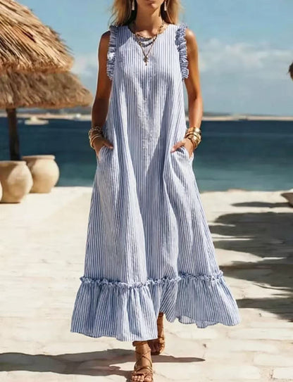 🌊 Robe longue à rayures et volants « Côté mer »