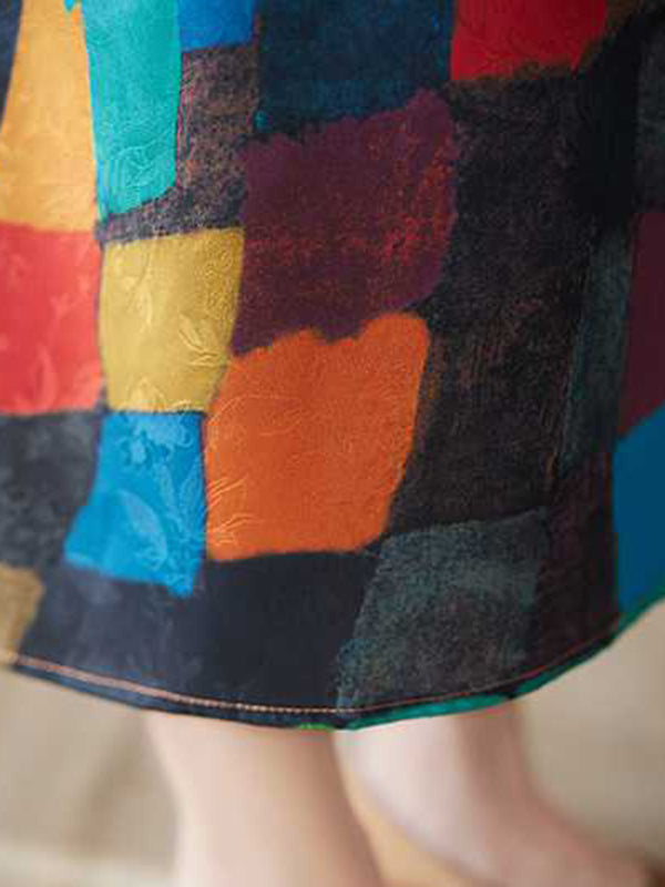 Robes midi à col rond, sans manches amples, à carreaux multicolores contrastés