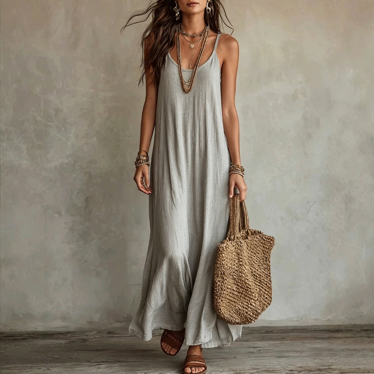 Robe longue ample à fines bretelles en lin texturé
