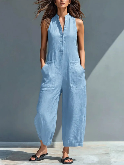 Combinaison sans manches ample boutonnée à col montant en mélange de lin minimaliste pour femme