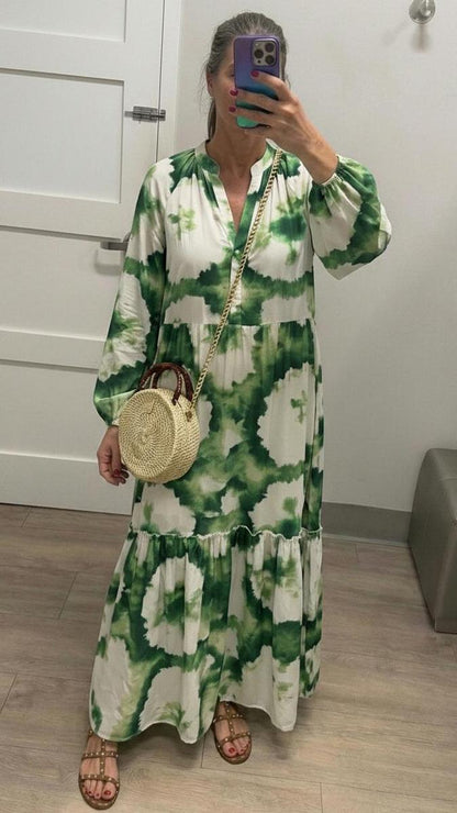 Green long-sleeved V-neck maxi dress