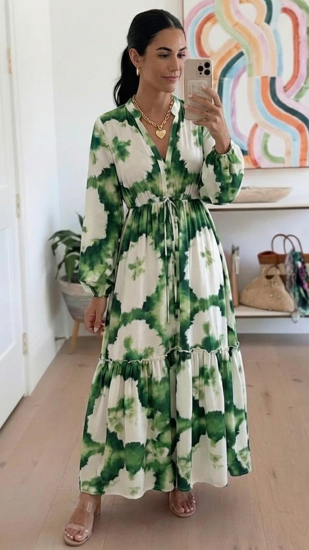 Green long-sleeved V-neck maxi dress