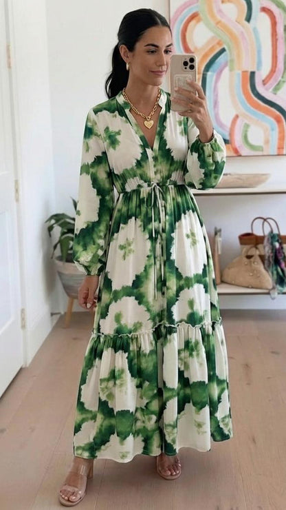 Green long-sleeved V-neck maxi dress