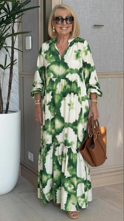 Green long-sleeved V-neck maxi dress
