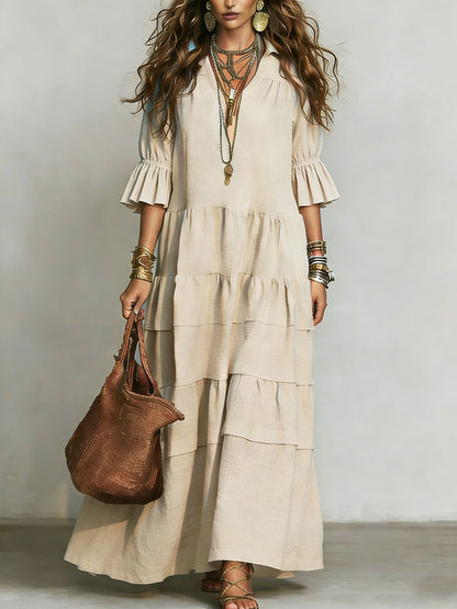 Robe décontractée à manches courtes en lin et coton, coupe ample