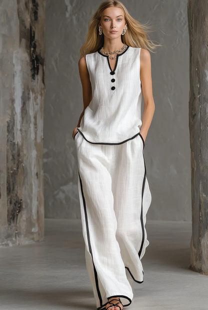 Ensemble débardeur et pantalon ample en coton-lin à blocs de couleur