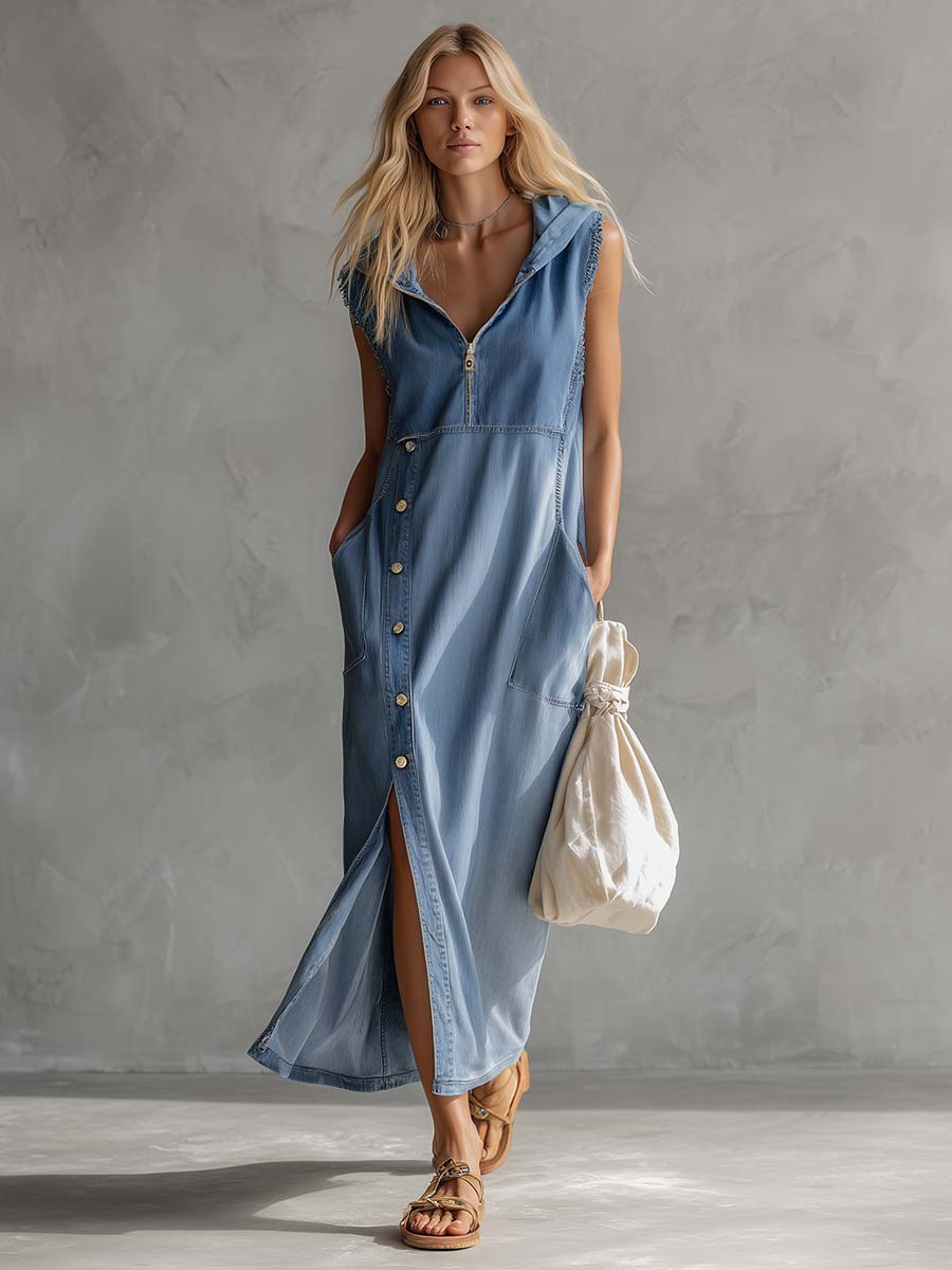 Casual and chic vintage blue denim midi dress with hood, V-neck, zip closure, side slits and buttons