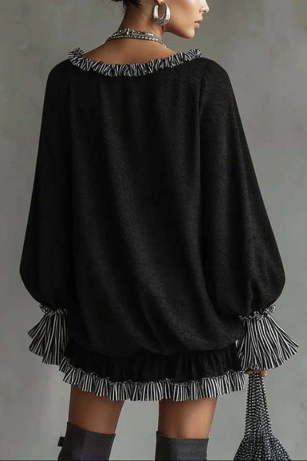 Mini-robe décontractée à manches longues, ample et tendance, avec volants et patchwork.