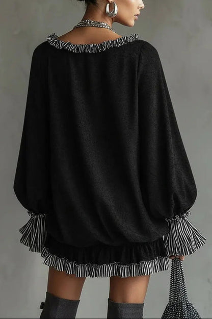 Mini-robe décontractée à manches longues, ample et tendance, avec volants et patchwork.
