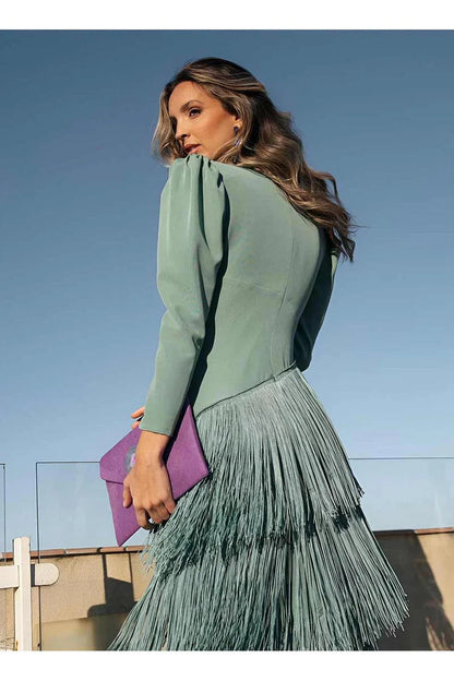 Robe mi-longue Femme à Manches Bouffantes et Franges, Col en V Profond