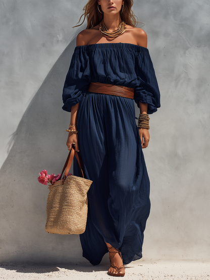 Robe longue sans bretelles à manches longues en coton et lin bleu foncé décontractée pour femme (ceinture non incluse)