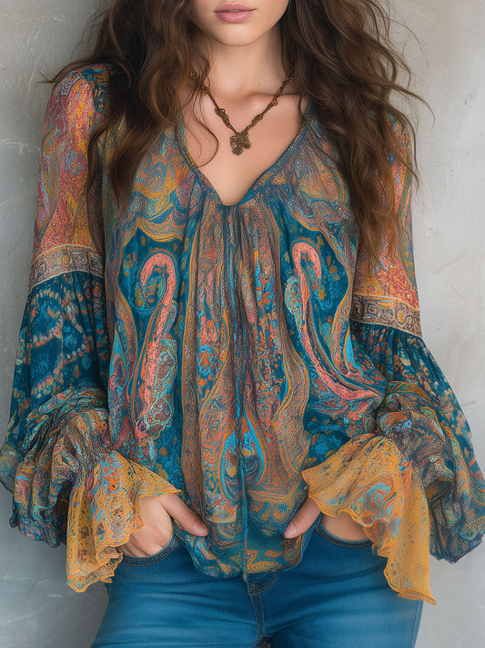 Teal and Amber Bohemian Paisley Chiffon Blouse with Ruffle Cuffs