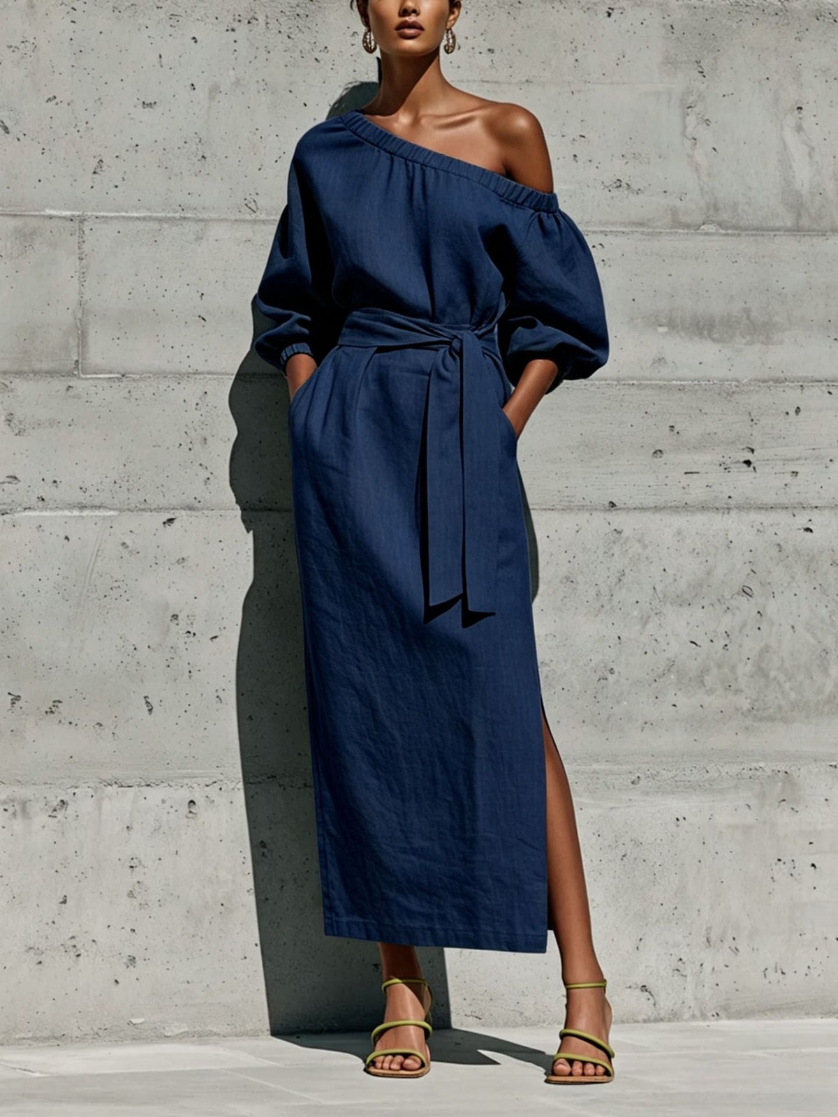 Robe Midi en Lin à Une Épaule Manches Bouffantes Taille Nouée et Fente Latérale