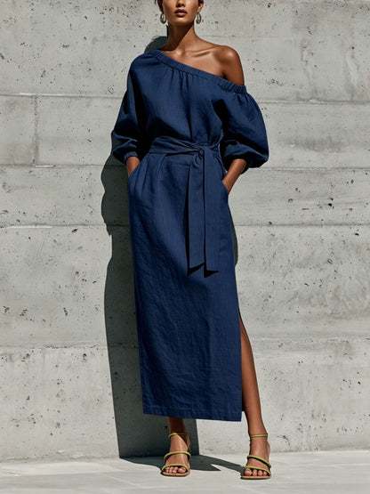 Robe Midi en Lin à Une Épaule Manches Bouffantes Taille Nouée et Fente Latérale