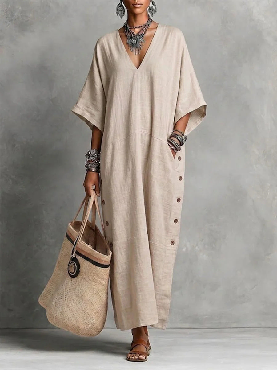 Robe Tunique Longue en Lin Naturel avec Col en V, Manches Chauve-souris et Fente Boutonnée sur le Côté