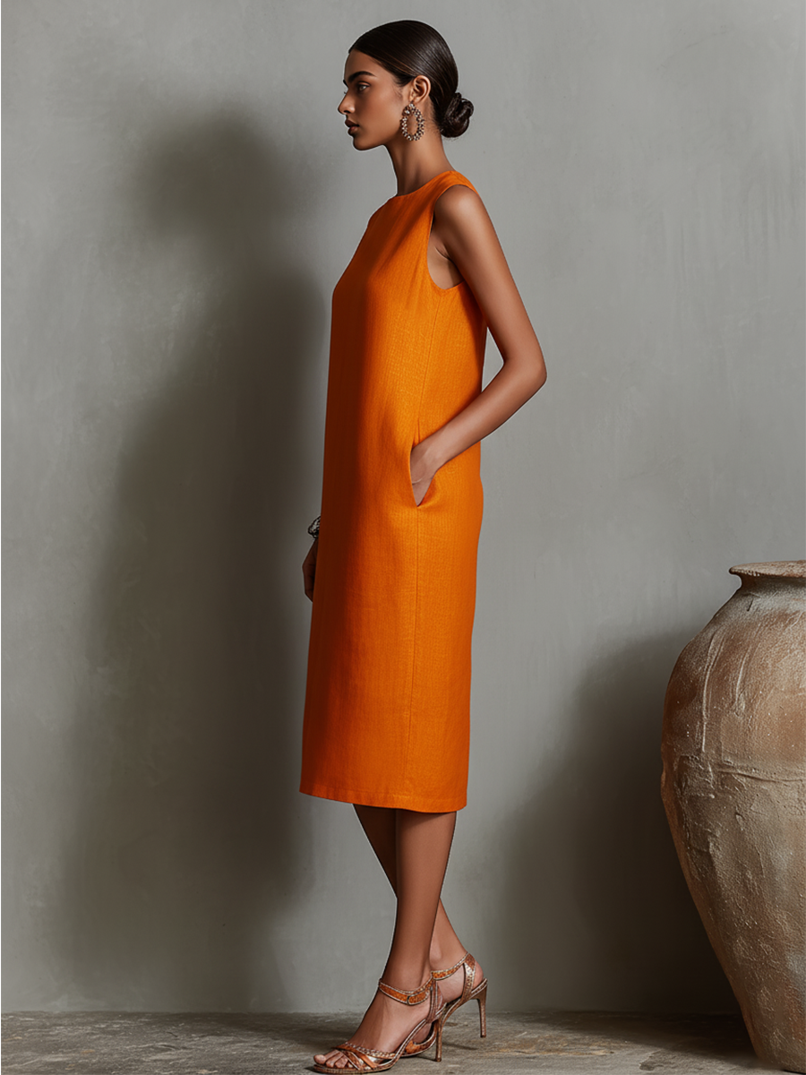 Robe chemise en lin orange pour femme avec encolure ronde sans manches et poches latérales, une robe au style intemporel, minimaliste et élégant